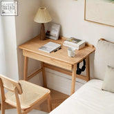 Cedric office desk in oak wood with light wood finish tapered legs and single drawer minimalist office desk design