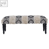Cefena black and white moroccan bench with cream geometric shaggy upholstery and dark wooden legs for stylish seating
