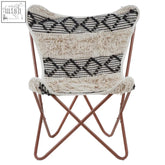 Cefena black and white pattern butterfly chair with cream textured fabric and rose gold metal legs