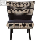 Cefena black moroccan chair with black and cream stripes and tassels on a cozy armchair design