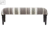 A cefena grey and white bench with cotton upholstery and geometric pattern on dark wooden legs