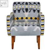 Gray cefena kilim style armchair with bold black white yellow geometric pattern woven textile upholstery