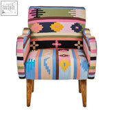 A vibrant cefena multi coloured fabric chair with geometric patterns and sturdy mango wood legs