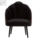 Black velvet cefena peacock design scalloped chair with shell-shaped back and floral embroidery on the sides