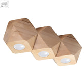Ceiling lamp wood woody scandinavian design with three hexagonal wooden segments and white led light bulbs