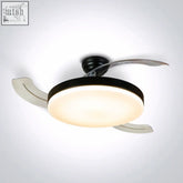 Black and silver rod mounted ceiling fan with transparent blades and integrated light fixture winter reverse mode
