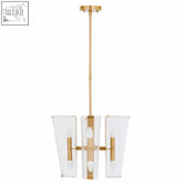 Celeste antique brass finish pendant light with gold finish and three clear acrylic shades perfect for dining tables