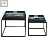 Black metal-framed assorted colour nesting tables with scenic landscape design on glass top from celina set of 2