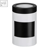 White cylindrical chalk board large canister with black lid and large black label for chalk board use