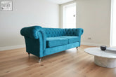 Teal velvet charles chesterfield sofa with rolled arms high density foam and ornate silver legs 80cm high