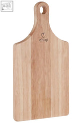 Light-colored wooden charm paddle small chopping and serving board with handle and chop engraving near the top