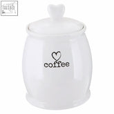 White dolomite coffee canister with heart shaped lid and black coffee text perfect for storing coffee beans