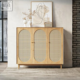 Light wood pine wood cheryl rattan sideboard with three arched cane doors and brass handles shoe cabinet