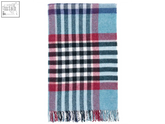 A soft wool throw in chesil check teal featuring bold navy blue red black white and light teal stripes