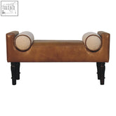 Chester buffalo bench with brown leather seat two round boucle cream-colored cushions and dark wooden legs