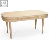 Light oak dining table with woven cane inlays and tapered legs made from mango wood perfect for dining rooms