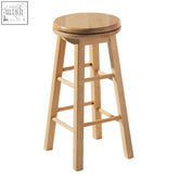 Light-colored chester natural hevea wood revolving bar stool with round seat and four legs with horizontal supports