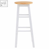 White wooden bar stool with a natural wood round light brown seat perfect for kitchen or bar use