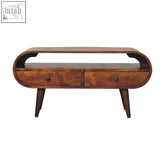 Mid-century modern chestnut circular tv stand with rich brown solid mango wood finish and two drawers with dark round knobs