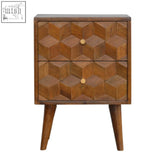 Rustic chestnut cube carved bedside table with geometric drawer fronts and light knobs on tapered legs
