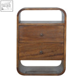 Chestnut curve 2-drawer bedside table with rounded edges made of warm brown mango wood for bedroom storage