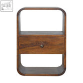 A chestnut curved edge bedside table made of solid mango wood with a single drawer and two open shelves in warm brown