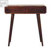 Dark brown wooden chestnut curved hallway table with two drawers and tapered legs perfect for entryways