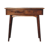 Dark brown wooden chestnut hallway console table with two drawers and black round knobs for entryway storage
