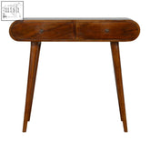 A sleek chestnut london console table in rich brown mango wood with two drawers and round metal pulls