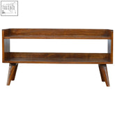 Chestnut nordic storage bench with rustic wooden console table, warm brown finish, two open shelves, nordic style legs