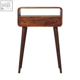 Mid-century modern chestnut nordic style wooden nightstand with one drawer open slot curved top and tapered legs
