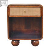 Chestnut open woven bedside table with brown wooden frame cane woven drawer front and rounded ball feet