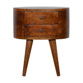 Sleek chestnut rounded bedside table with two drawers and tapered legs in a warm chestnut finish