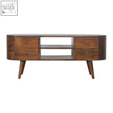 Chestnut rounded entertainment unit in solid mango wood with two drawers and tapered legs for stylish media storage