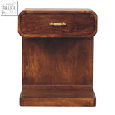 Chestnut t-bar rounded bedside table in rich brown mango wood with single drawer and brass handle bedside table