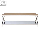 Modern chiswick oak wood coffee table with light wood top chrome x legs and mirrored lower shelf