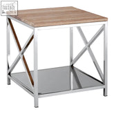 Modern chiswick oak wood side table with light oak wood top and stainless frame featuring x-shaped lower shelf