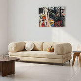 Beige corduroy choudhury two seater sofa bed with rounded armrests and washable backrest in ribbed fabric