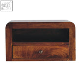 Rich brown wooden nightstand with chestnut finish single drawer and curved edges in floating form factor