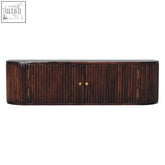 Dark brown mango wood wall mounted console with chunky chestnut ribbed drawers and gold toned knobs and handles