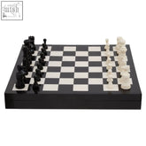 Black and white chess set by churchill games with glossy checkered board and classic pieces ready for play