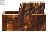 Brown wood-grain domino set with matching coasters by churchill games perfect for coffee table play