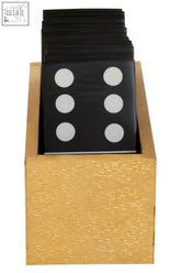 Black domino set with white pips neatly stacked in a textured gold wooden box from churchill games gold domino set