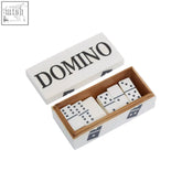Churchill Games white and black domino box with white dominoes featuring black pips nestled in a wooden box