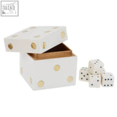 Churchill games white and gold dice box with gold polka dots and five white dice for gaming fun