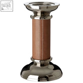 Silver candle holder with genuine tan leather wrapped column and polished metal accents by churchill