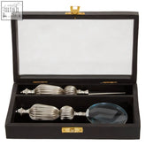 Silver toned churchill magnifying glass with twisted ornate handle and clear lens in letter opener set with box