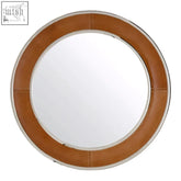 Churchill tan genuine leather round wall mirror with tan leather frame and silver metallic trim round wall mirror