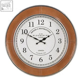 Circular wall clock with tan genuine leather frame silver metallic face and bold numerals bloomsbury clocks branding
