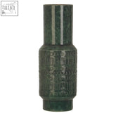 Dark green ciano small earthenware vase with intricate geometric carvings and a speckled teal glaze finish